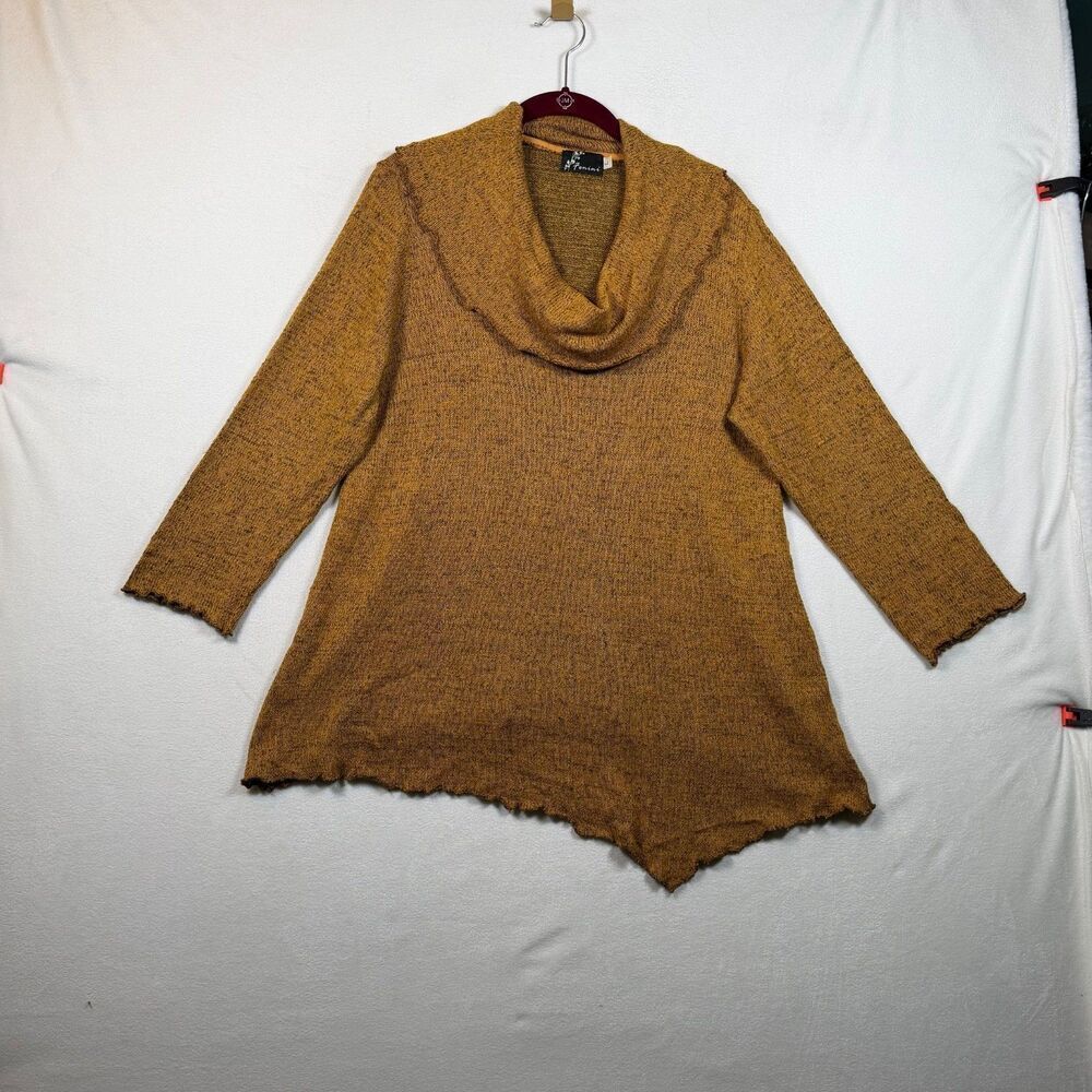 Fenini Asymmetric Hem Cowl Neck Sweater Large Mustard Yellow Black Heather Tunic